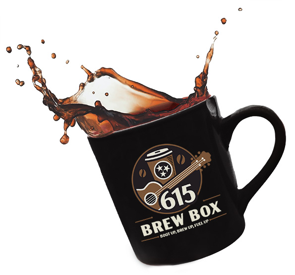 615 Brew Box Logo on a cup of coffee